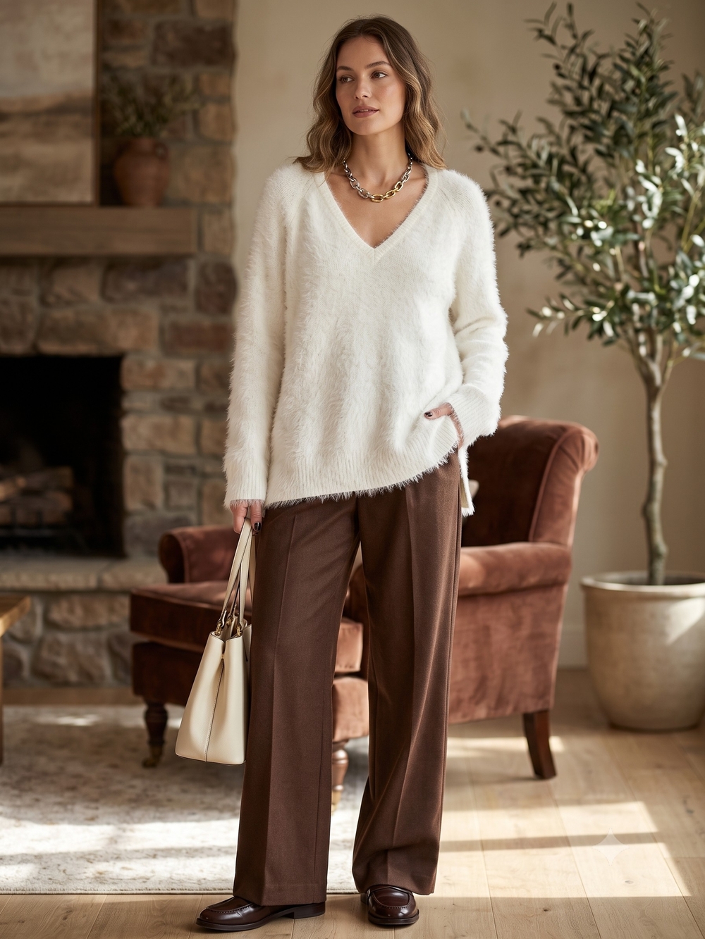 Shrinking Violet Winter White Fuzzy Eyelash Knit V-Neck Slouchy Cloudcore